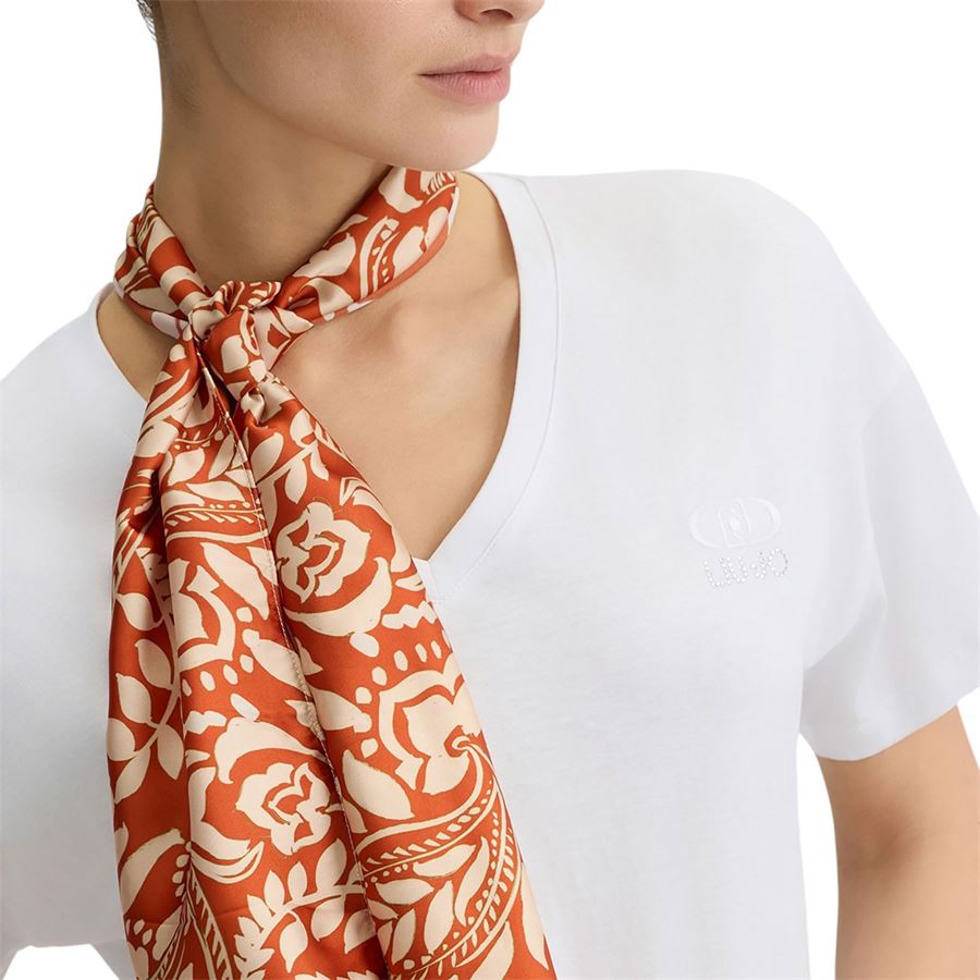 T-shirt manica corta da donna in cotone con foulard Liu Jo | WA5154J6308M9541
